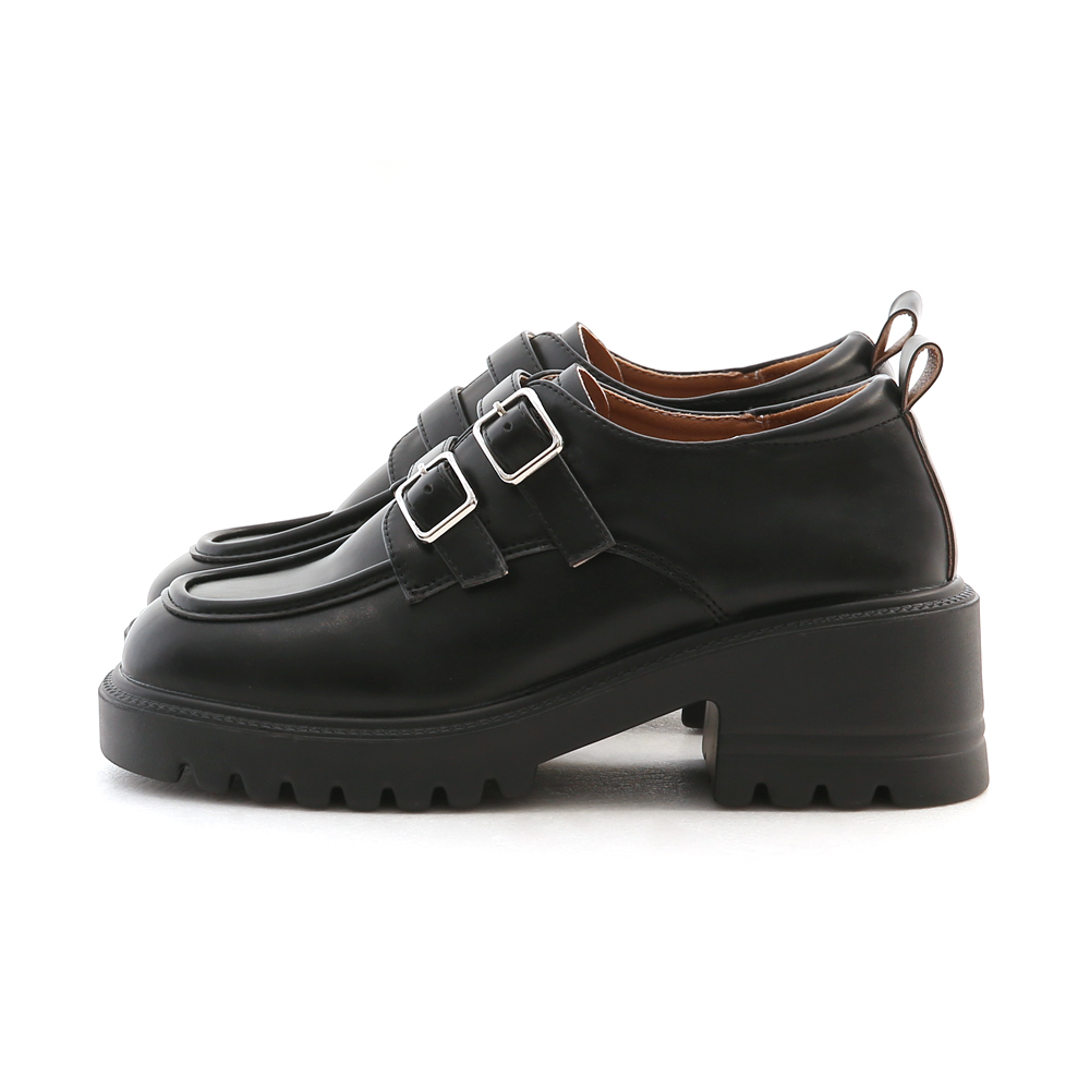 Double-buckle Thick Sole Mid-Heel Loafers Black