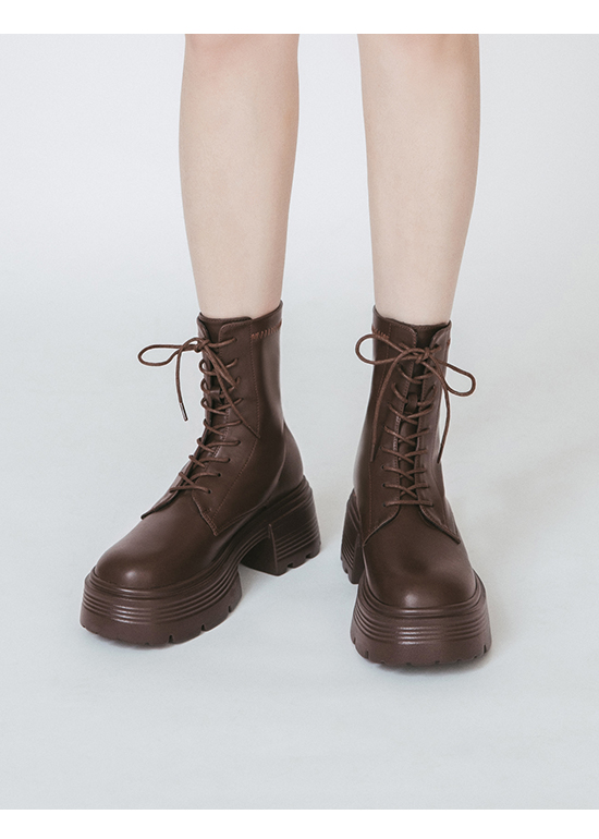 Round Toe Chunky Platform Lace-Up Boots Dark Brown