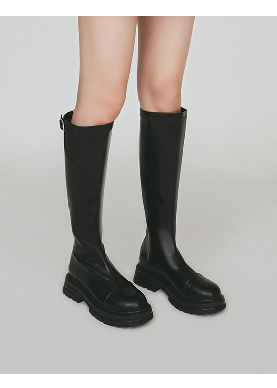 Side-Buckle Below-the-knee Tall Boots Black