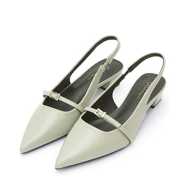 OL標配漆皮尖頭後空低跟鞋 鼠尾草綠