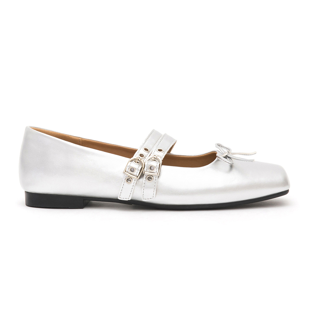 Punk Metal Double Buckle Ballet Flats Silver