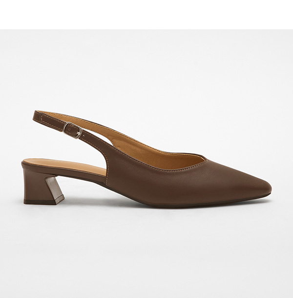 Microfiber V-cut Plain Pointed Toe Mid Heel Slingbacks Dark Brown