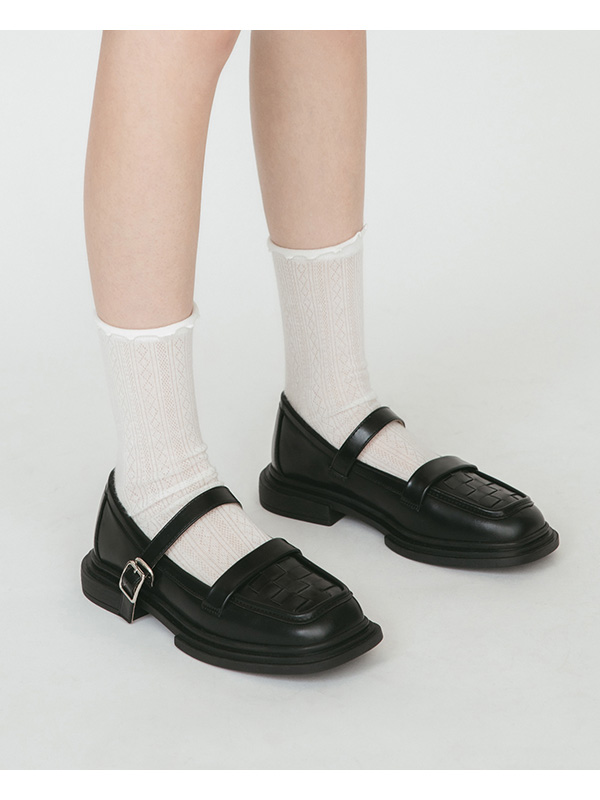 Chekered Woven Loafer Mary Jane Shoes Black