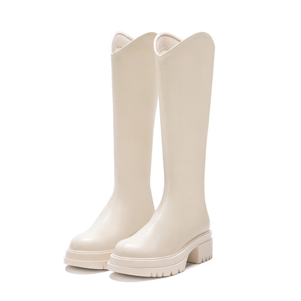 簡單好看．V口素面中跟瘦瘦長靴 香草米