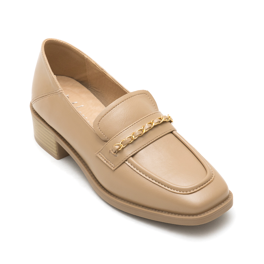 Metal Chain Square-Toe Loafers Beige