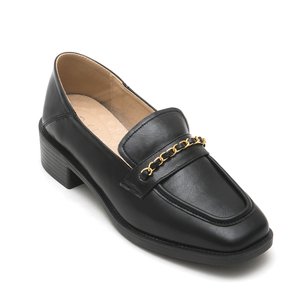 Metal Chain Square-Toe Loafers Black