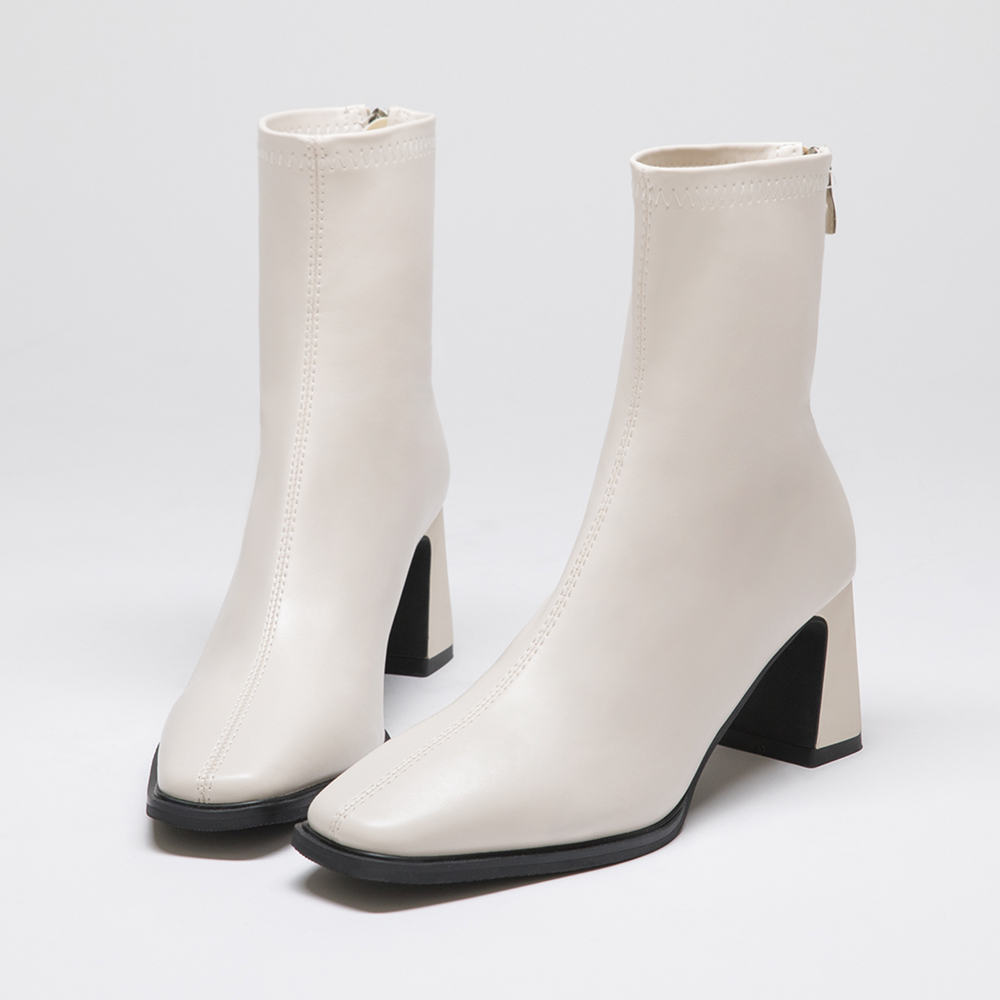 Plain Square Toe High Heels Slimming Boots Vanilla