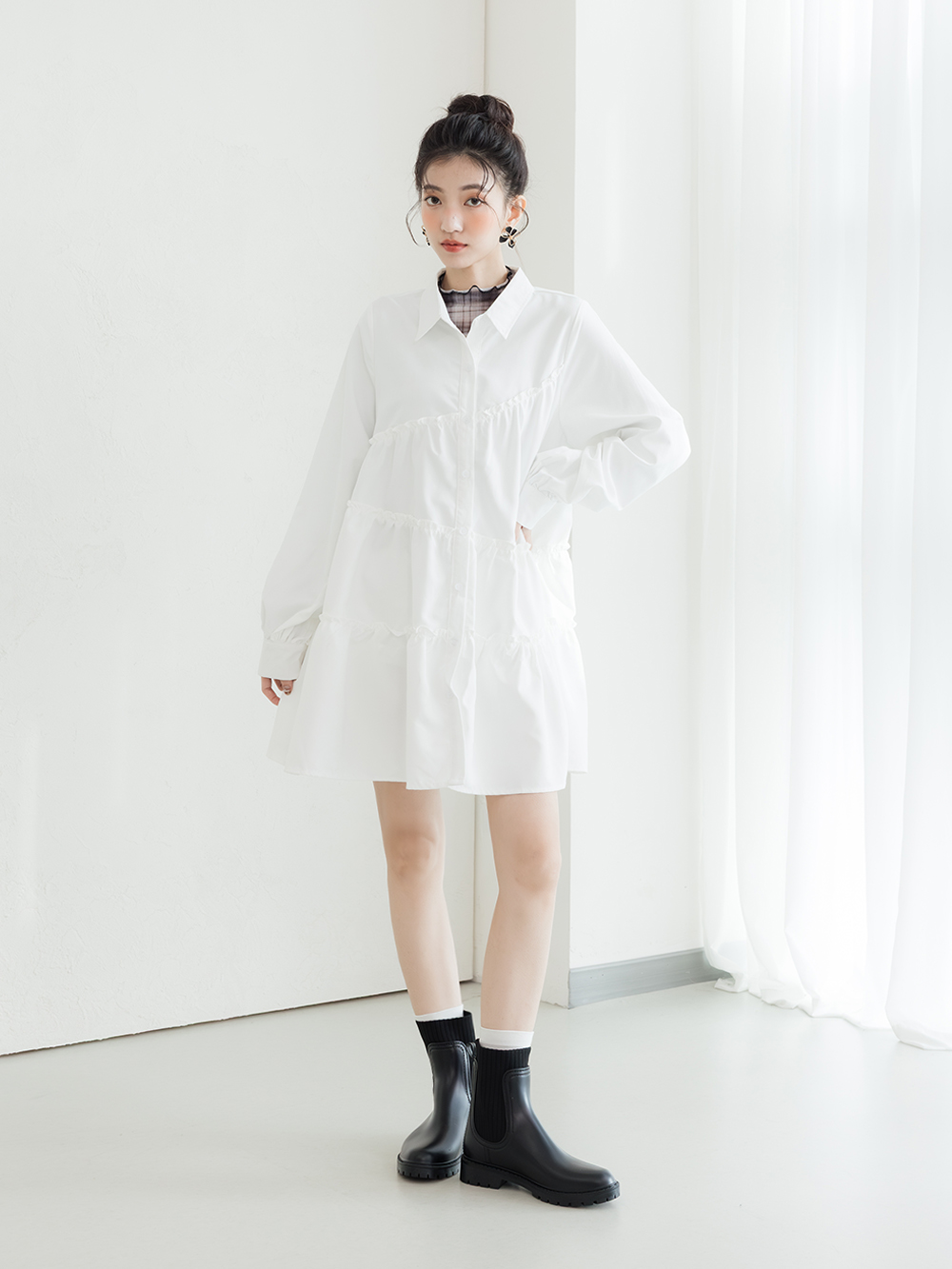 【機能鞋墊】針織拼接切爾西短筒雨靴 黑色