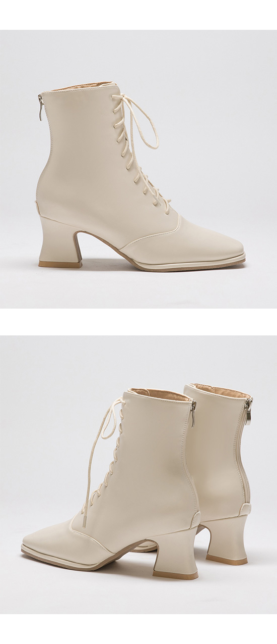 Square Toe Curved Heel Lace-Up Boots Vanilla