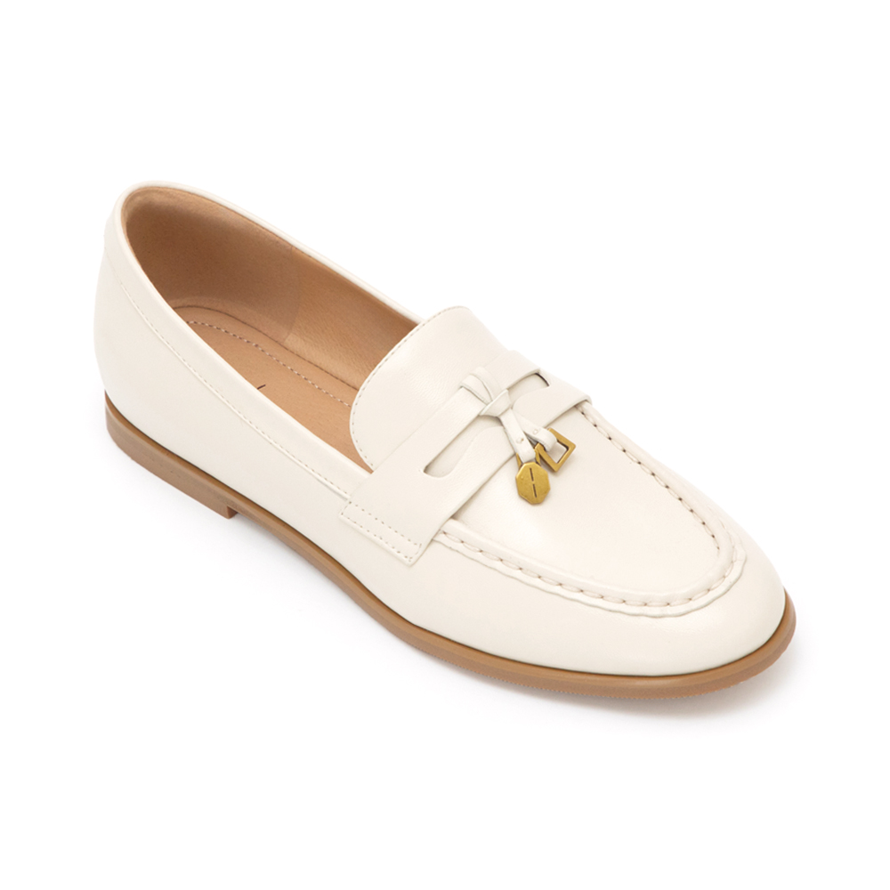 【真皮系列】親膚空氣棉平底樂福鞋 米白色