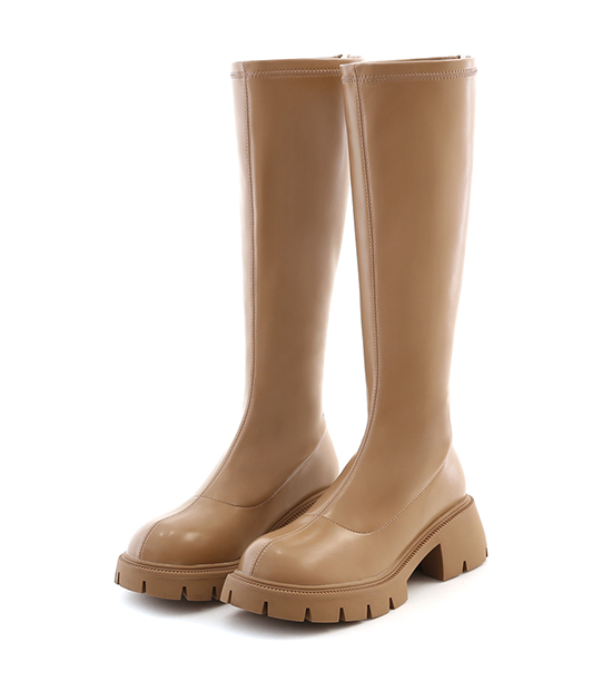 Round Toe Chunky Sole High Heeled Slimming Boots Beige