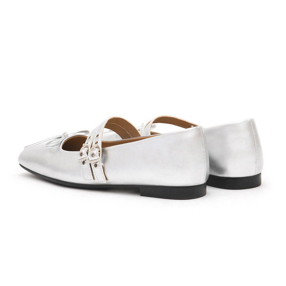 Punk Metal Double Buckle Ballet Flats Silver