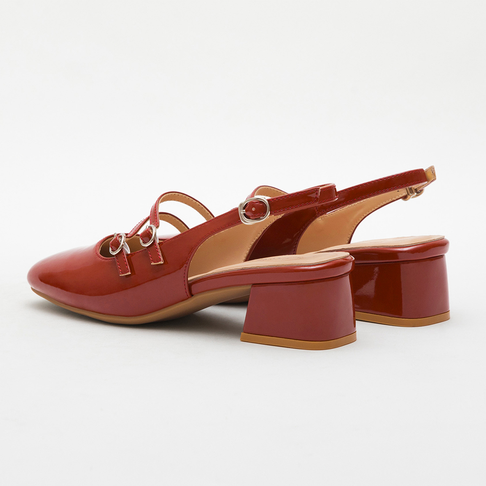 Patent Leather Double Strap Low-Heel Slingback Mary Jane Shoes 磚紅