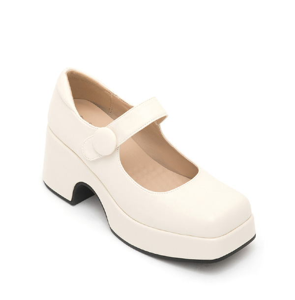 Square-Toe Thick-Soled Mary Jane Shoes Vanilla