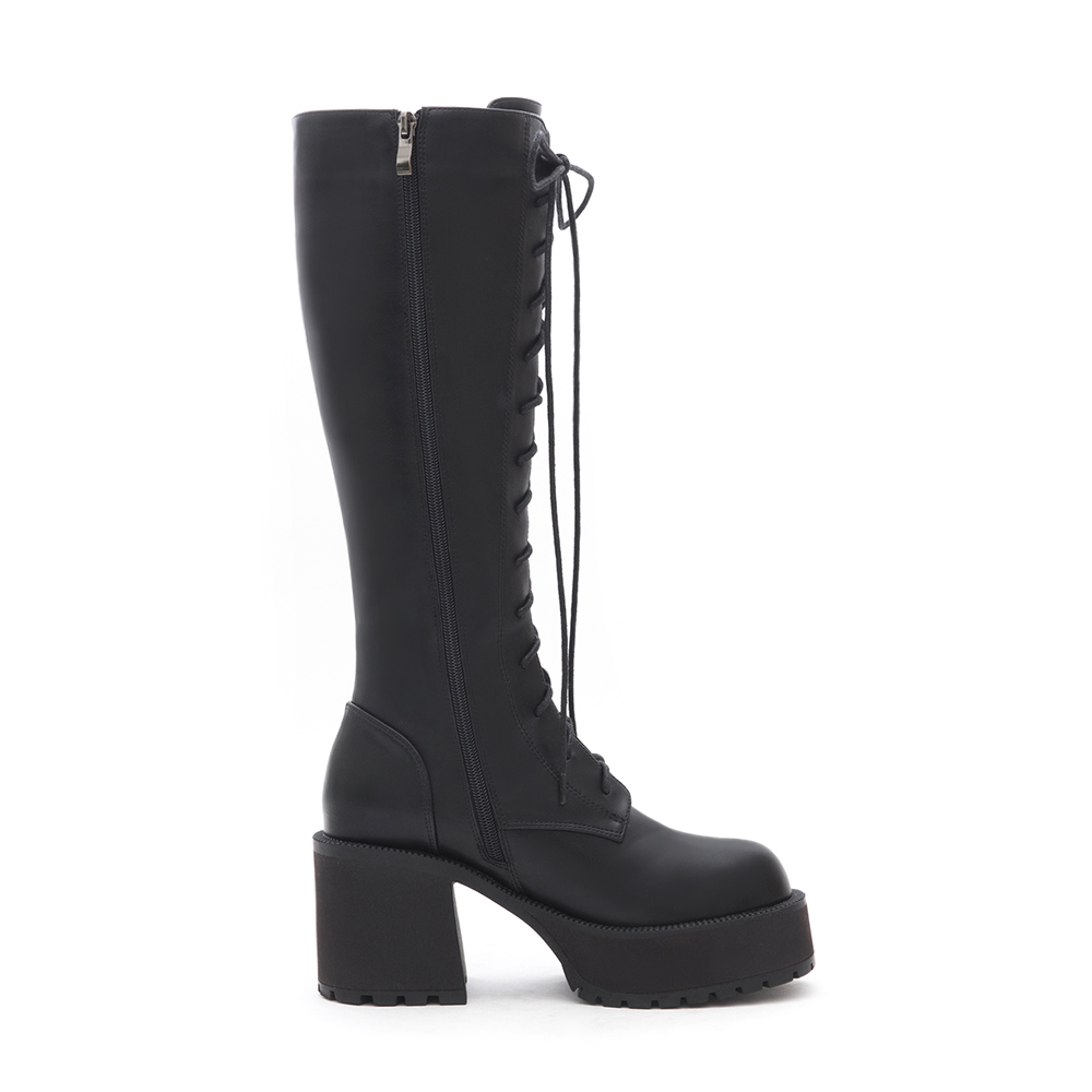 Thick-Sole High-Heel Lace-Up Boots Black