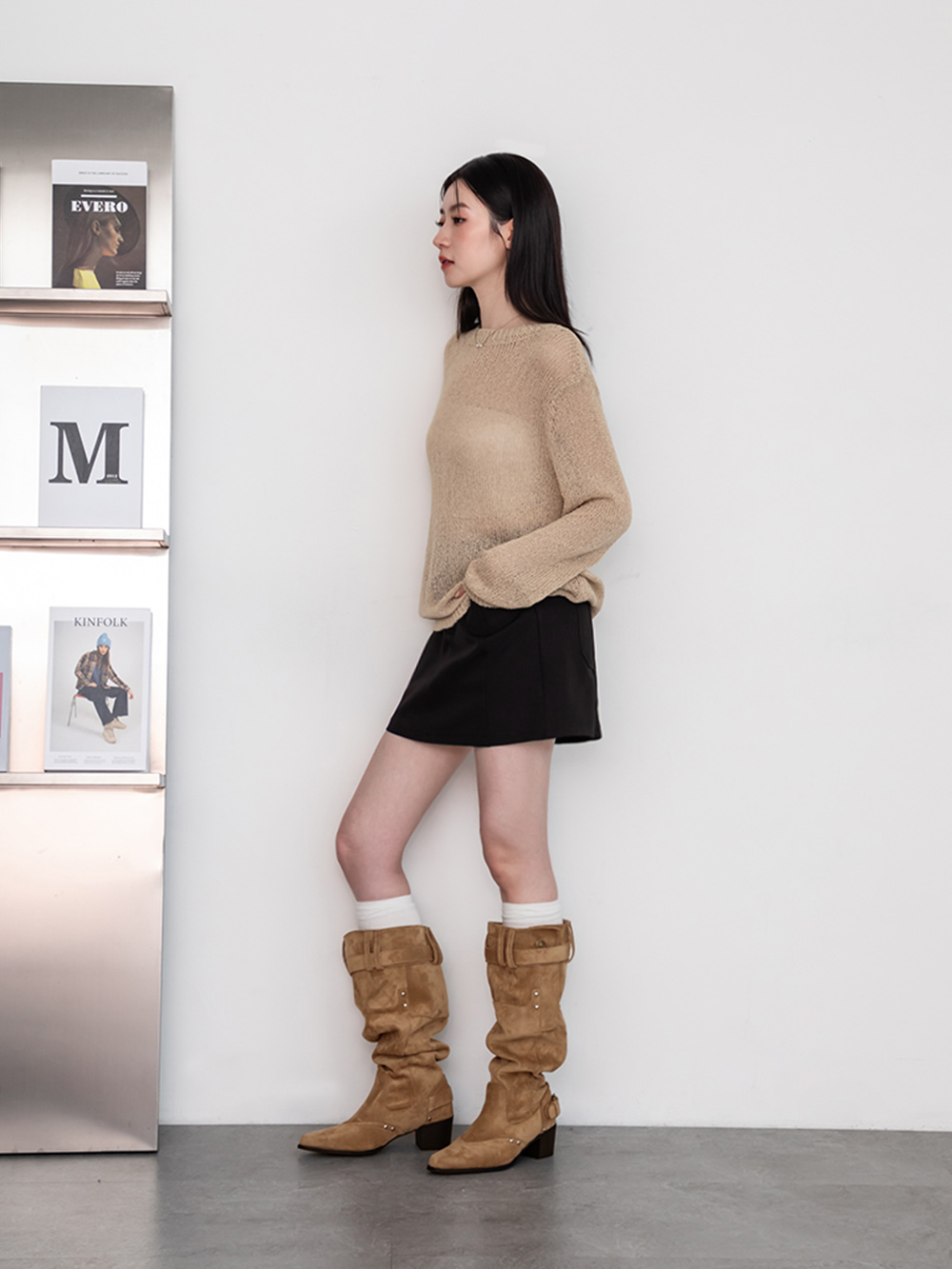 流浪風褲型剪裁尖頭寬筒靴 卡其色