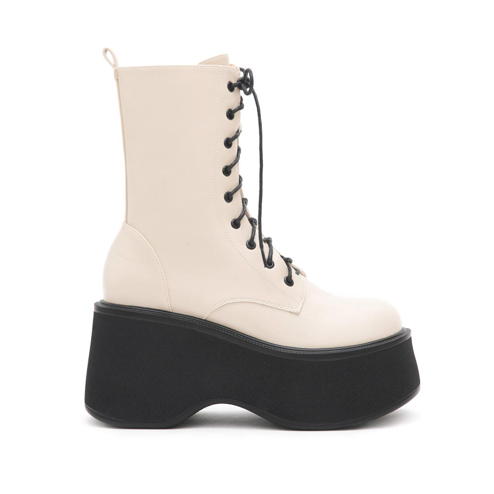 K-pop Girl Thick-Sole Lace-Up Ankle Boots Beige