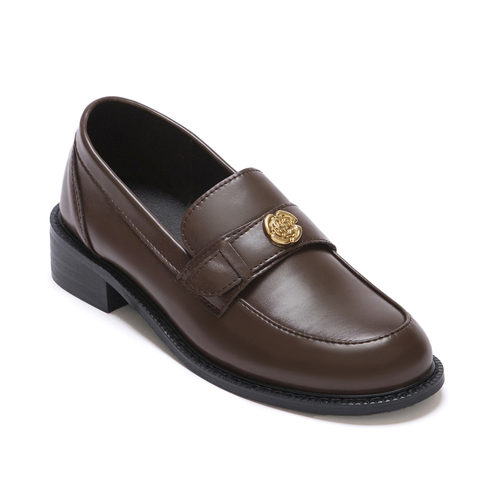 優雅少女．山茶花金飾低跟樂福鞋 復古咖