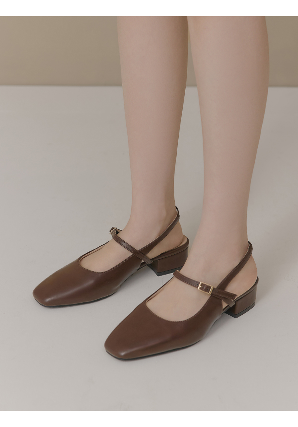 輕盈方頭4D氣墊後空低跟鞋 咖啡