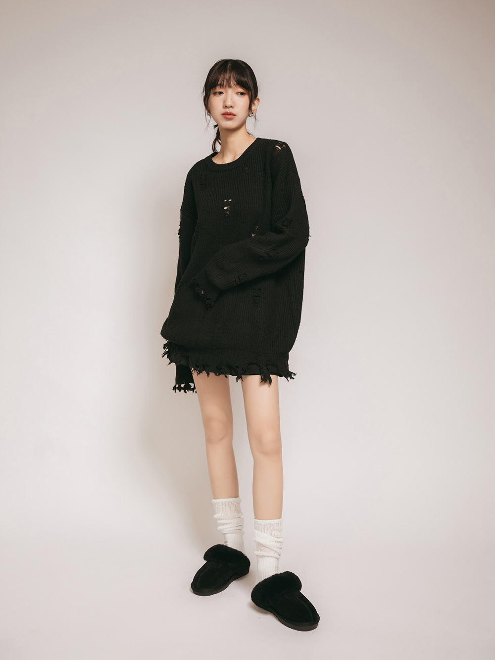 俏皮雪寶.真皮羊毛雪靴拖鞋 時尚黑