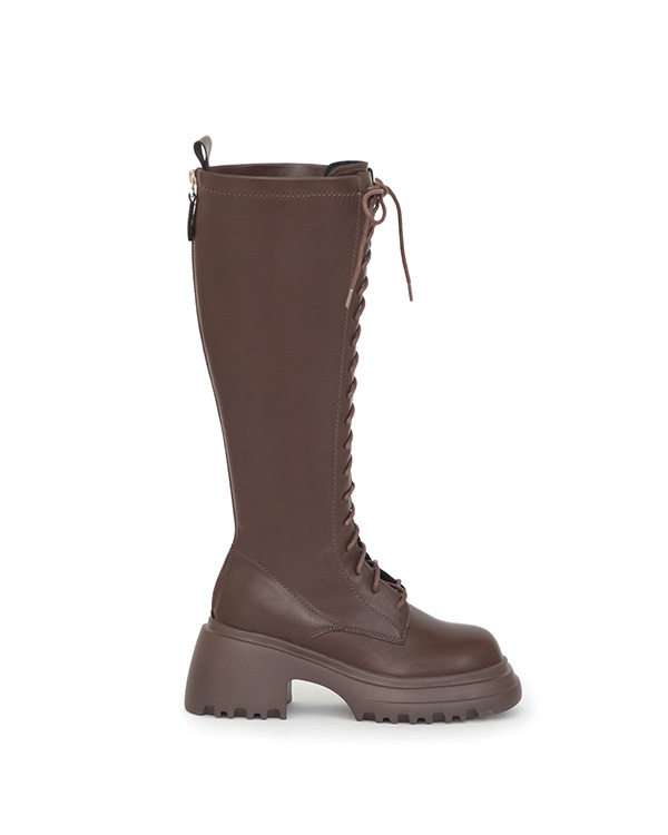 女團風輕量厚底綁帶長靴 咖啡色