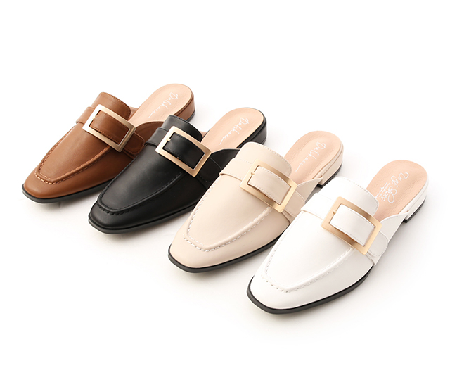 Elegant Square Ring Low Heel Mules Black
