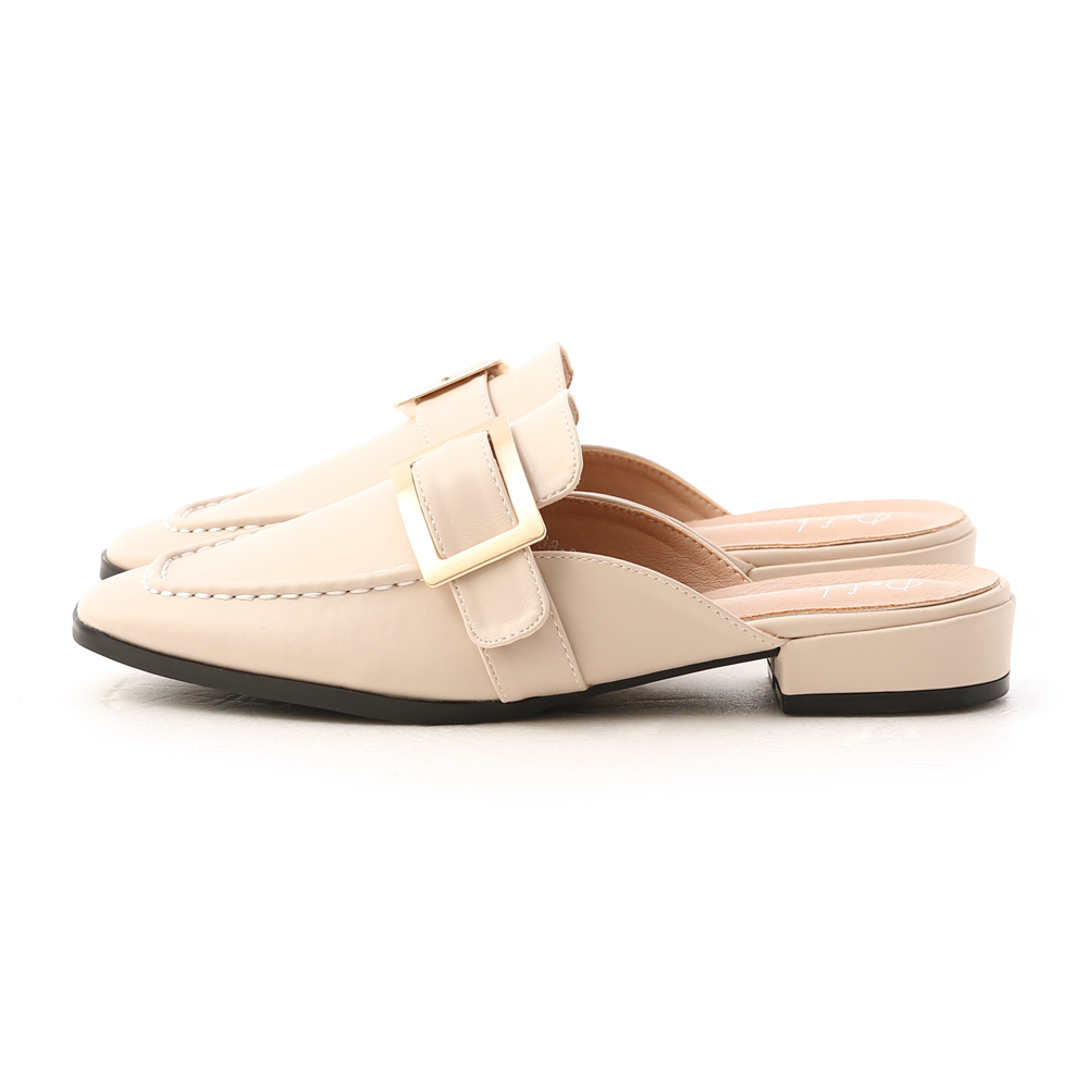 Elegant Square Ring Low Heel Mules Cream