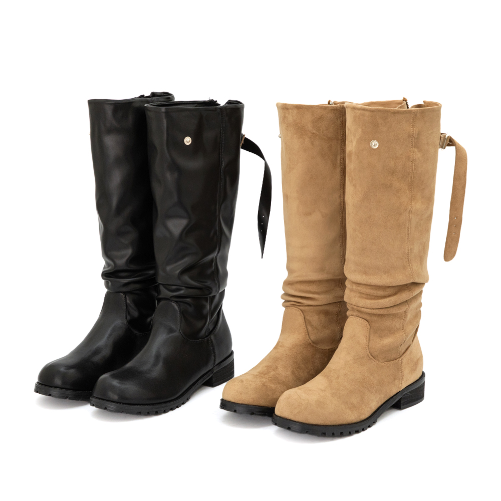 潮流熱搜後拉鍊寬筒堆堆靴 黑色