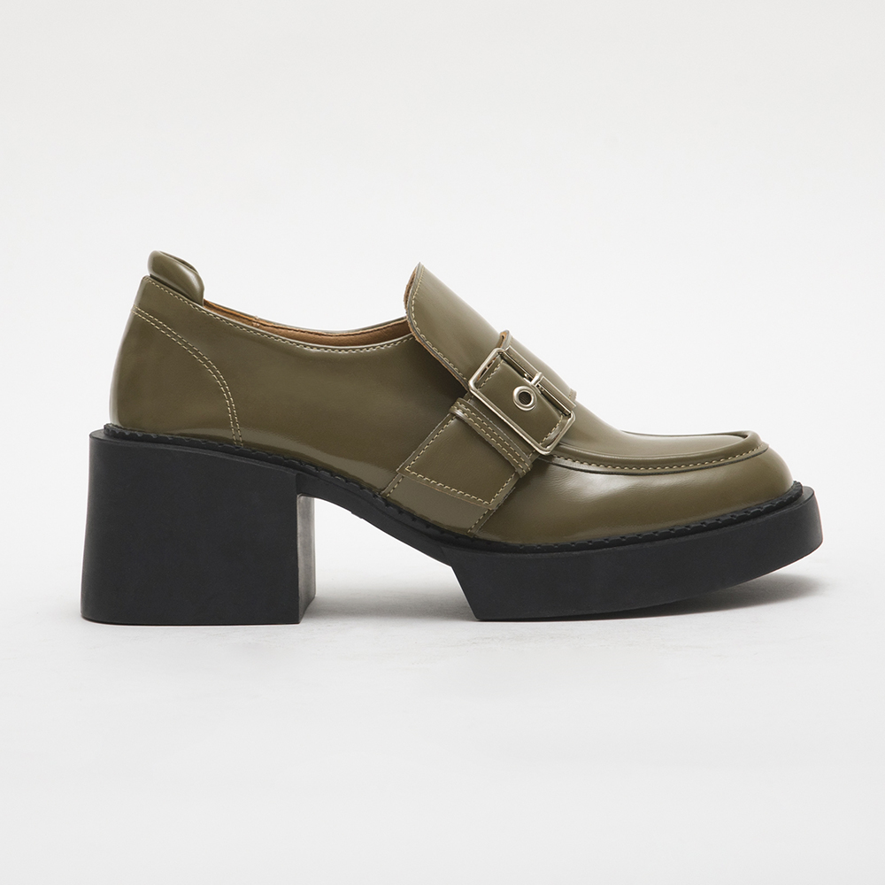 Big Buckle Thick Sole High Heel Loafers Olive Green