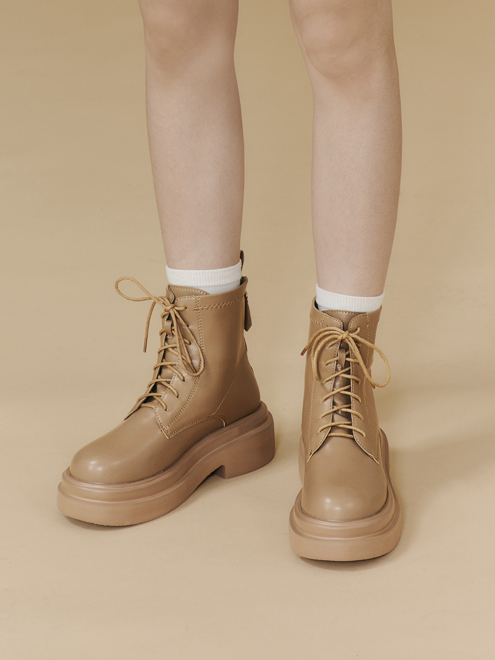 偶像學園輕量厚底綁帶短靴 杏色