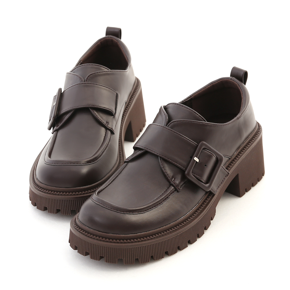 Thick Sole Square Buckle Mid-Heel Loafers Dark Brown