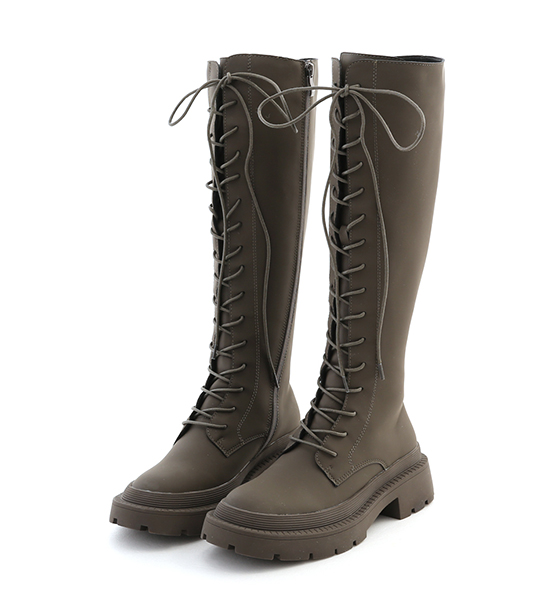 Track Sole Lace-up Under-The-Knee Boots Green