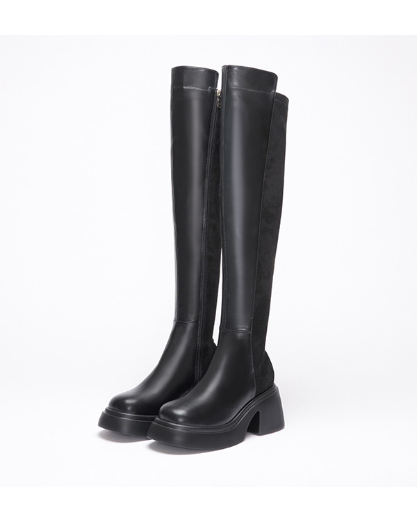 Suede Thick Sole Tall Boots Black