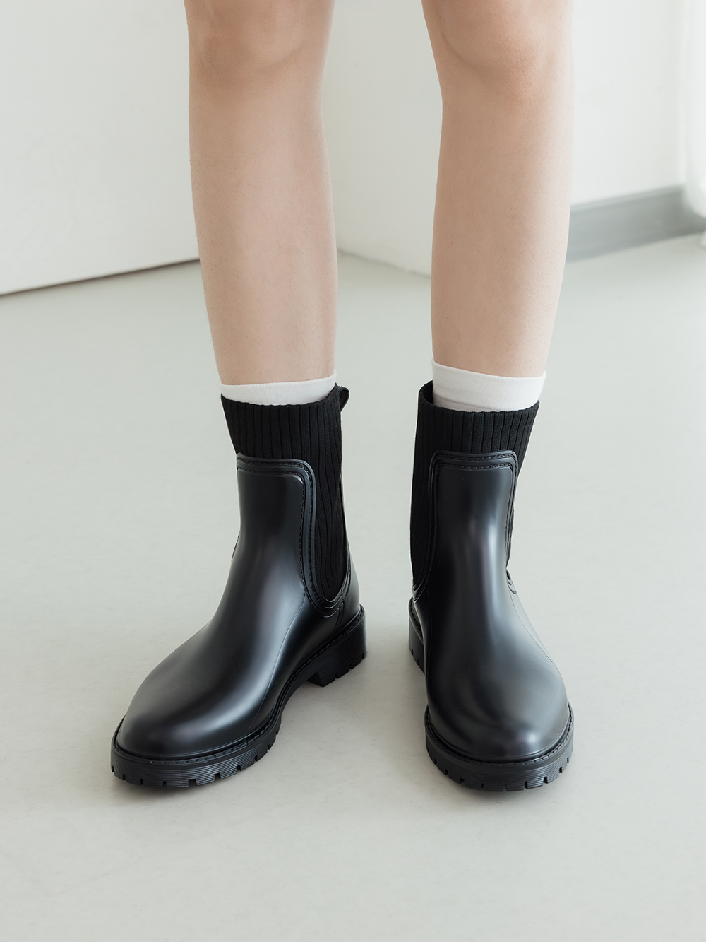 【機能鞋墊】針織拼接切爾西短筒雨靴 黑色