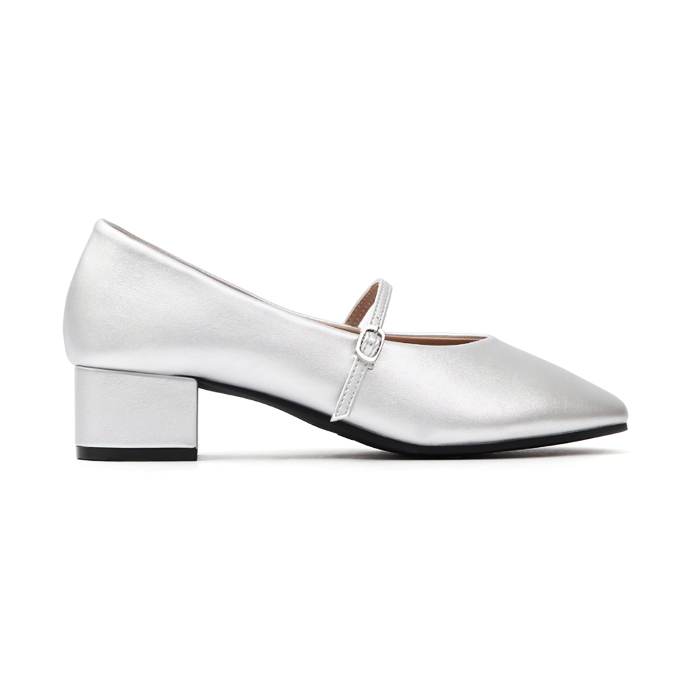 Elegant V-Cut Low Heel Mary Jane Shoes Silver