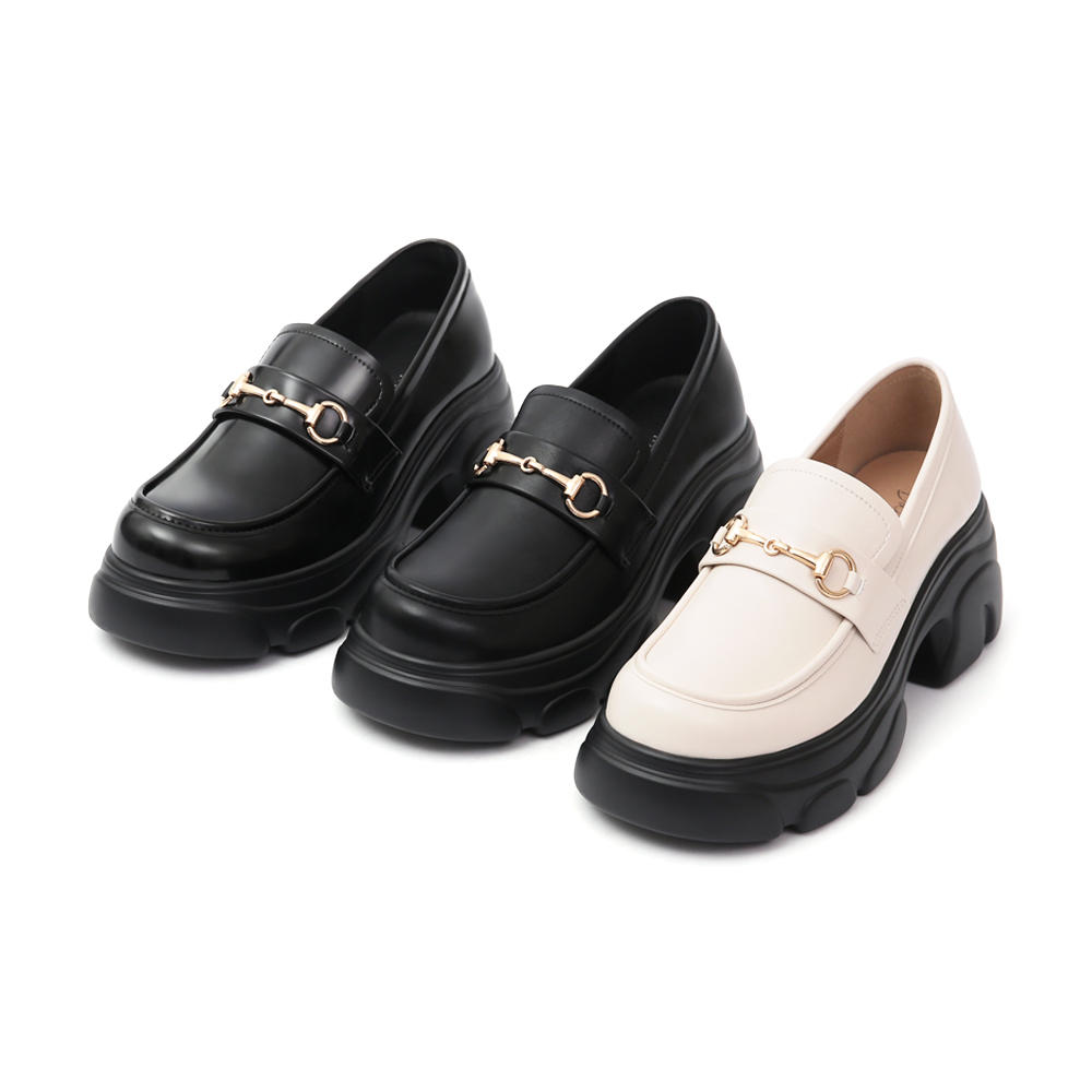 潮流少女馬銜釦輕量鋸齒增高底樂福鞋 黑