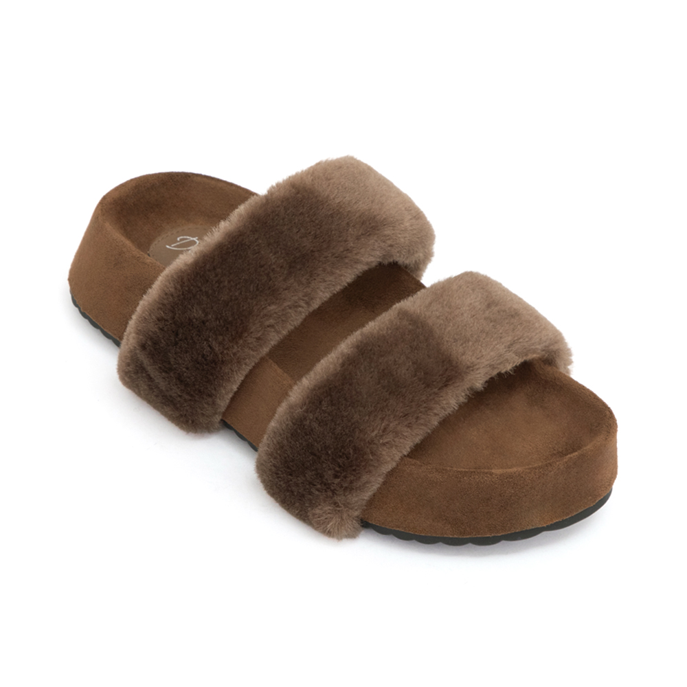 軟萌毛毛一字雙帶厚底拖鞋 咖色