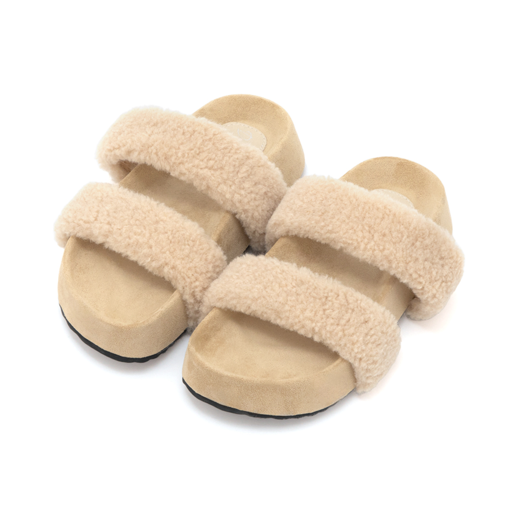 QQ小捲毛一字雙帶厚底拖鞋 杏色