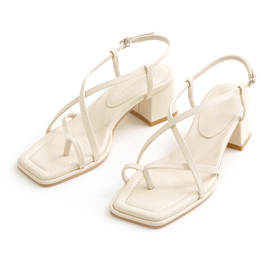 Sling-strap Square Toe Heeled Sandals Cream