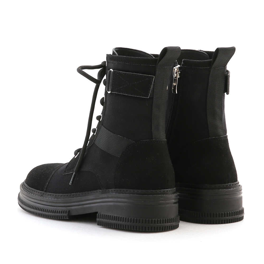 Stitching Lace-Up Biker Boots Black