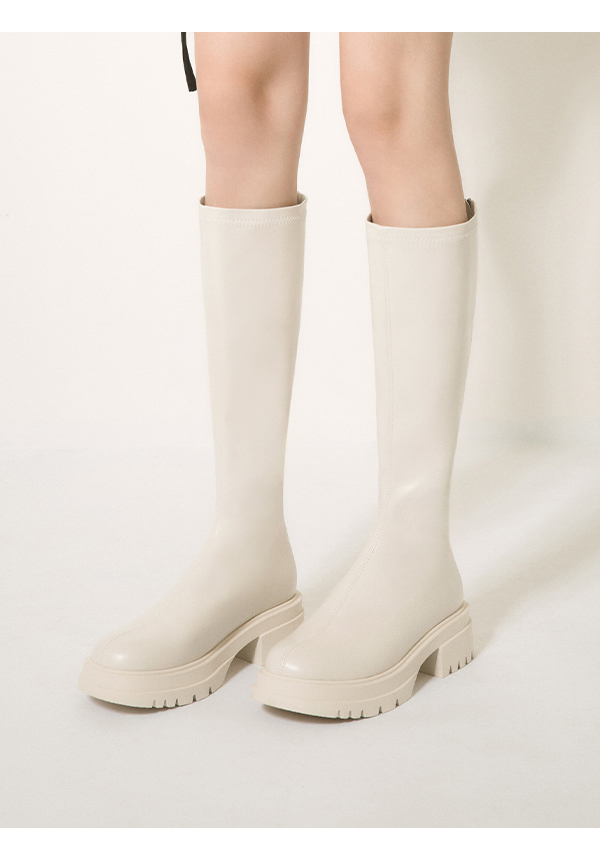 Plain Thick Sole Tall Boots Vanilla