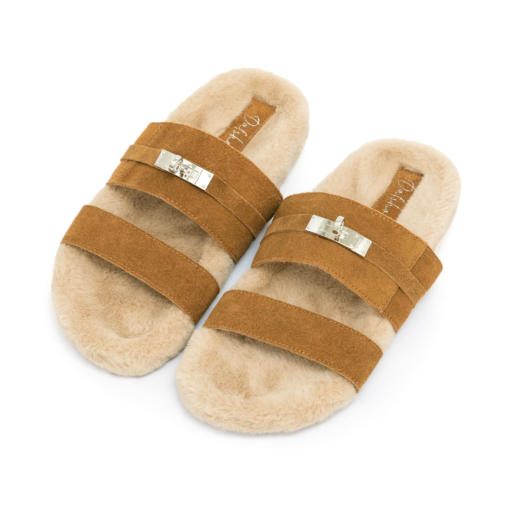 質感金屬鎖釦真皮毛毛拖鞋 棕色