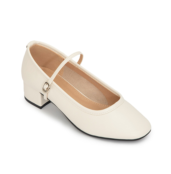 甜蜜蜜方頭氣質粗跟瑪莉珍鞋 米白色