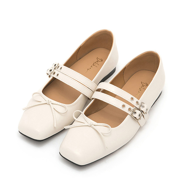 Punk Metal Double Buckle Ballet Flats White