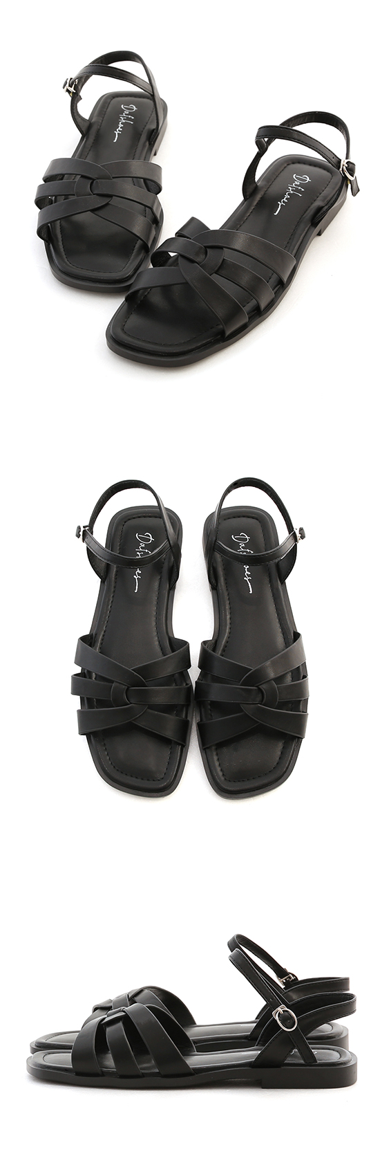 Square Toe Curved Strap High-Heel Sandals Black
