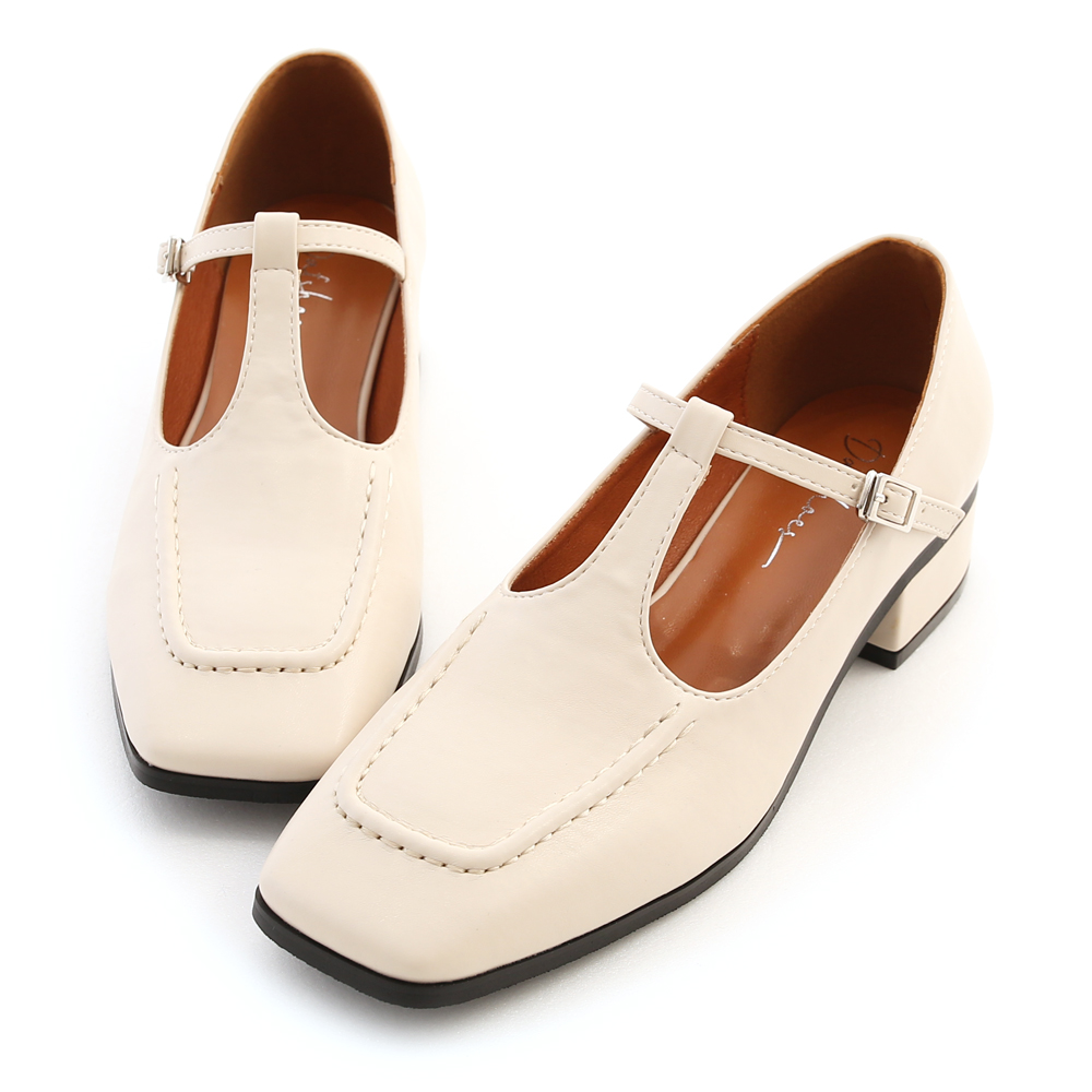 Square Toe Low-Heel Mary Jane Shoes Vanilla