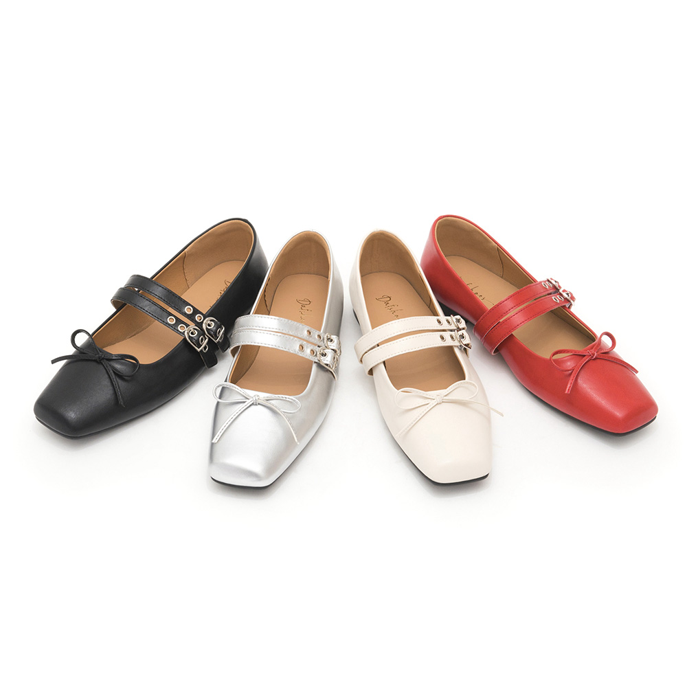 Punk Metal Double Buckle Ballet Flats White