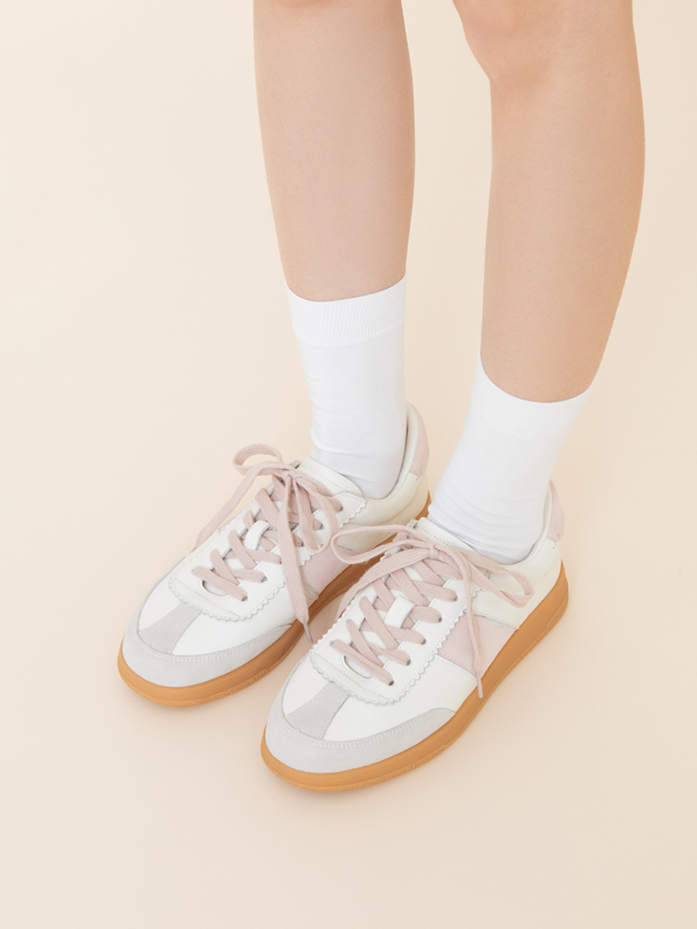 進化版2.0雙色鞋帶真皮德訓鞋 米白X粉色