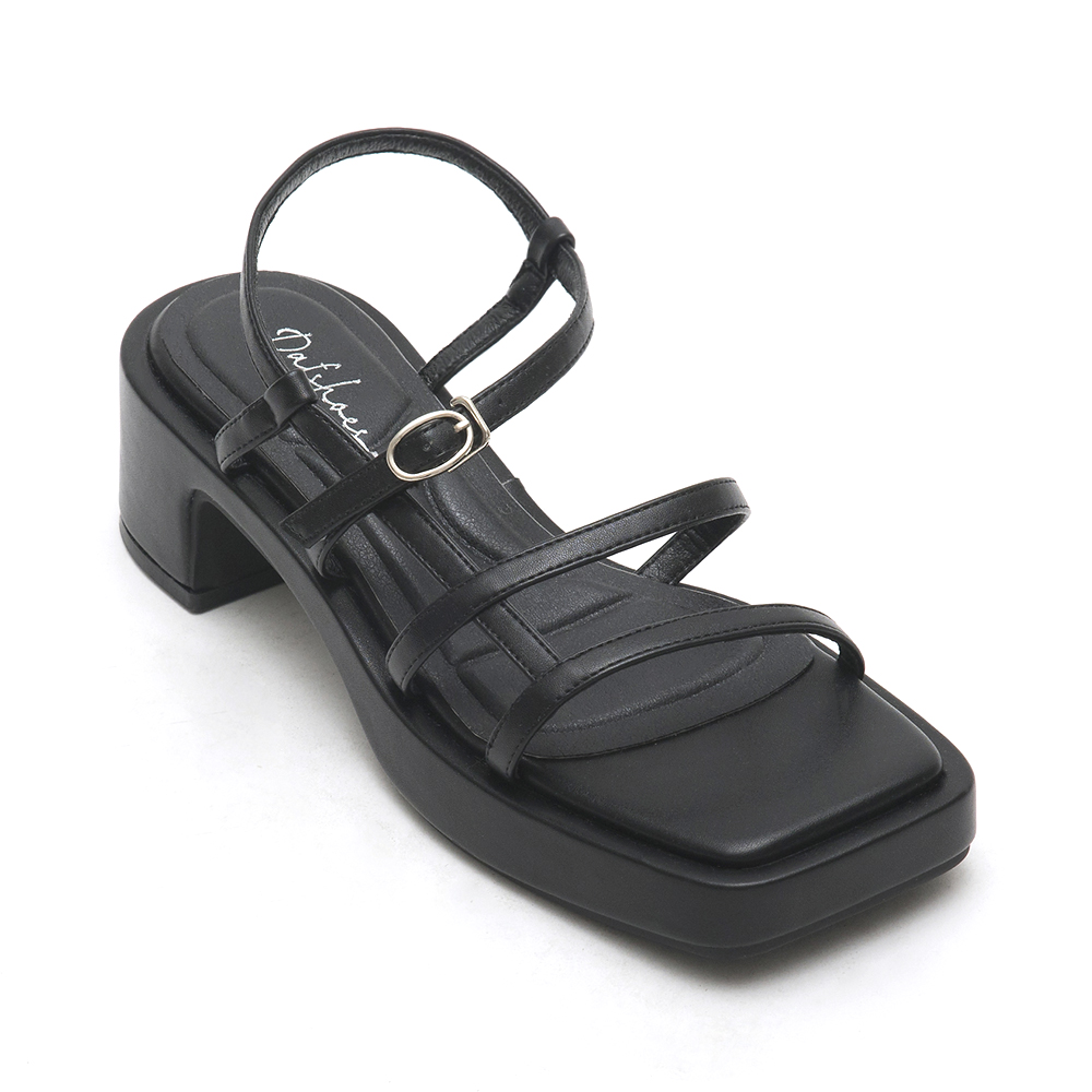 Square-Toe Strappy Platform Sandals Black