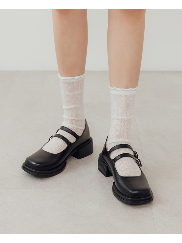 Double-Strap Square Toe Mary Jane Shoes Black